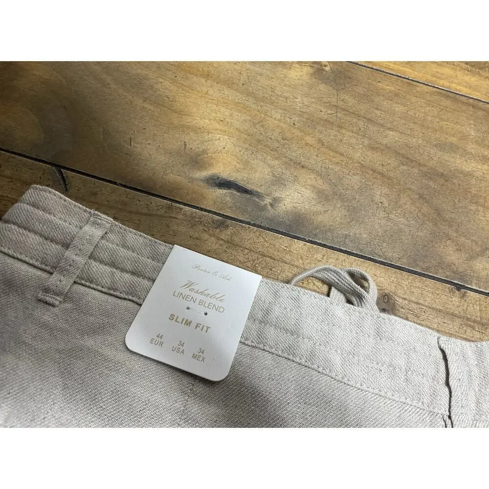 Porter & Ash Pants Mens Size 34 Beige Pleated Linen Blend Drawstring Tapered $88